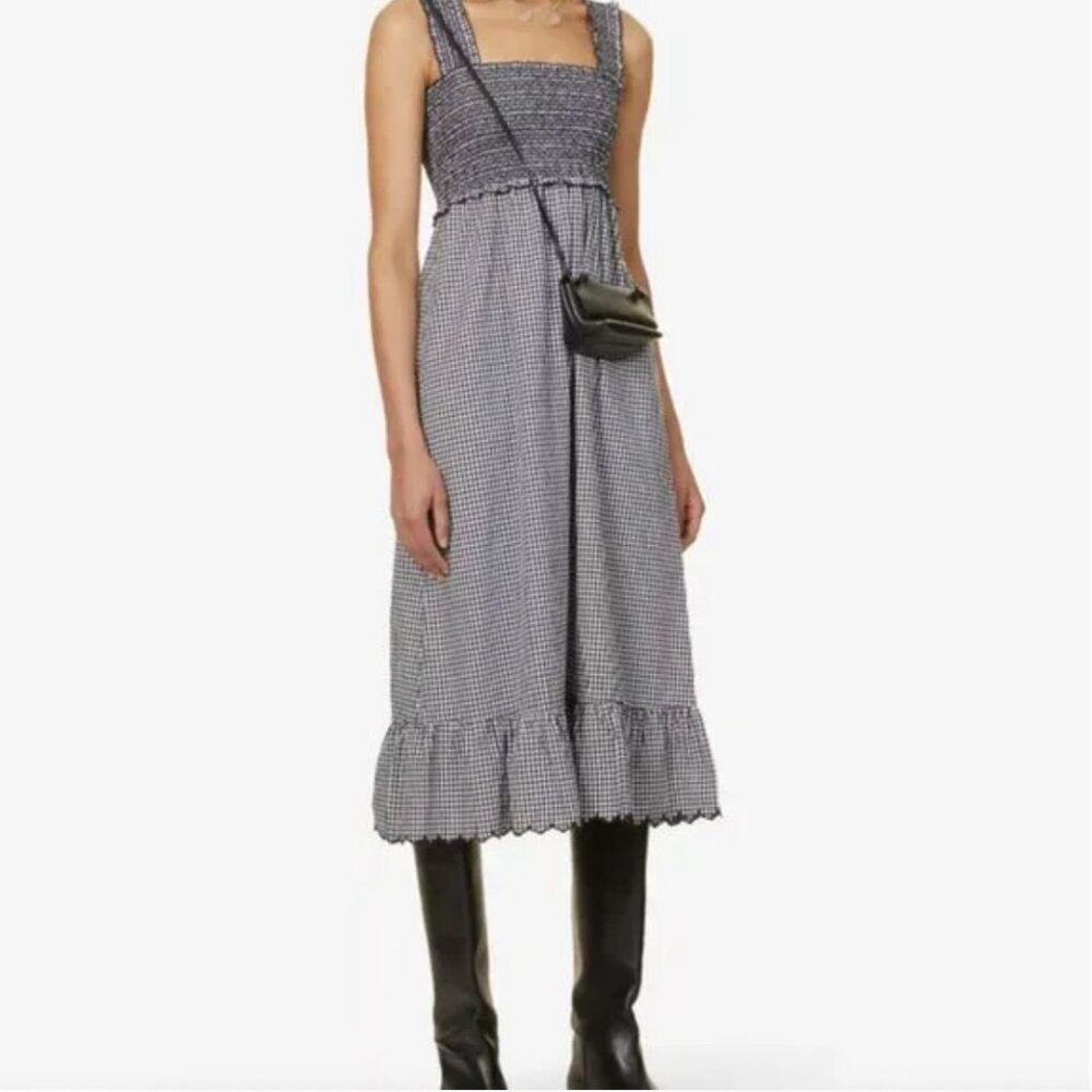 NWT •RAILS• Rumi Smocked Square Neck Midi Dress in Black Mini Gingham Size S